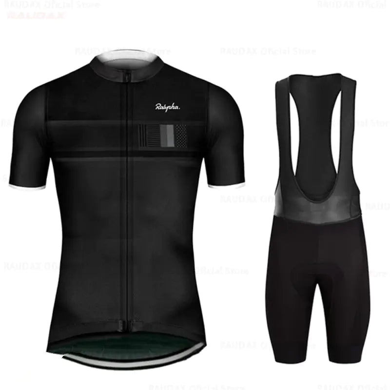 Black cycling jersey and bib shorts set on a white background